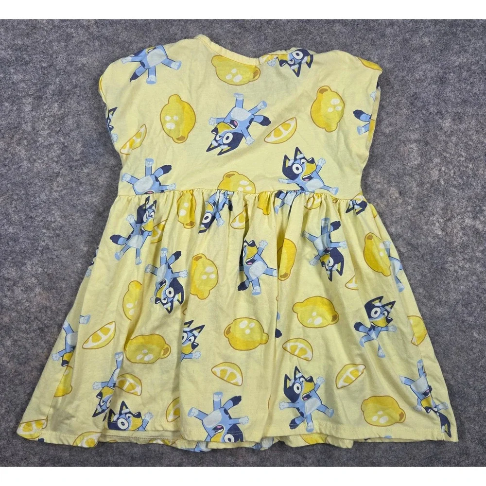 Bluey Disney Girls Yellow Lemon Print Short Sleeve Dress Size 4T Kids Summer